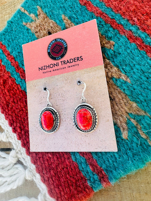 Navajo Sterling Silver Apple Coral Dangle Earrings