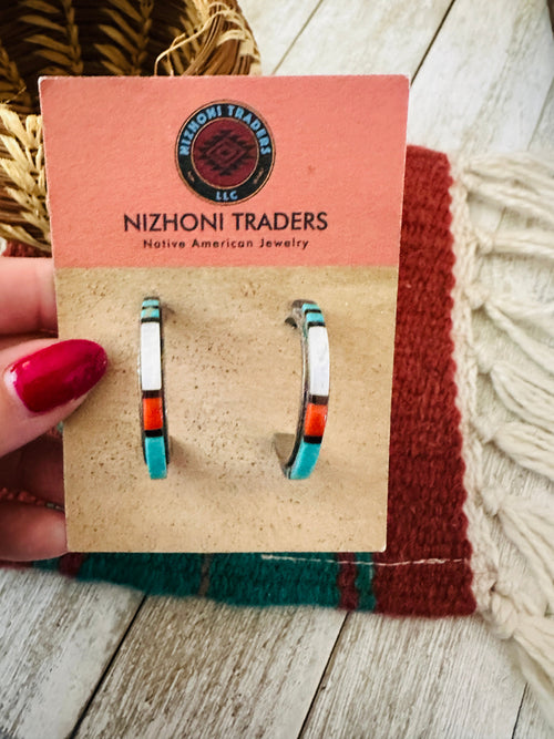 Handcrafted Old Pawn Sterling Silver & Multi Stone Inlay Hoop Earrings