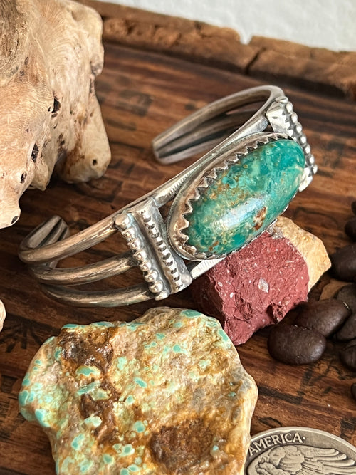 Hand Forged Old Pawn Sterling Silver & Turquoise Cuff Bracelet by Santa Fe Artist, Buffalo: The Cameo