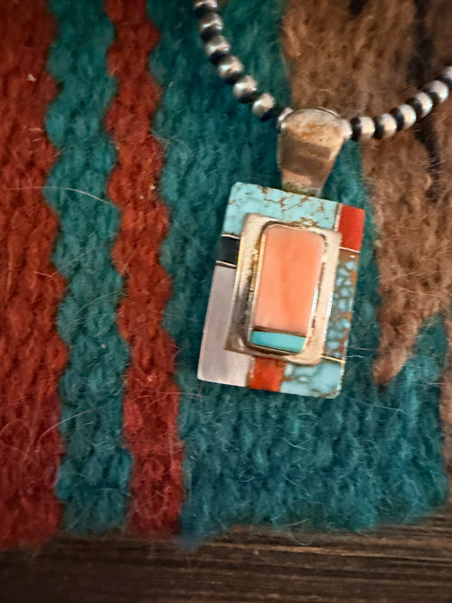 Old Pawn Handcrafted Multi Stone & Sterling Silver Inlay Pendant