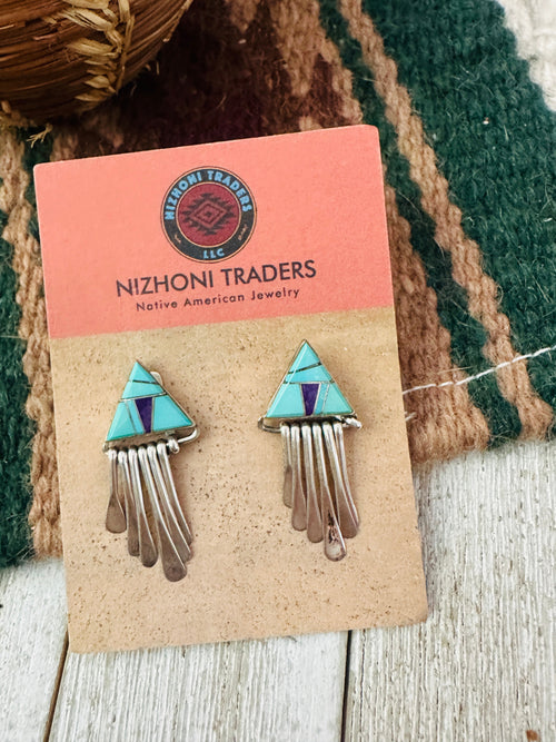 Old Pawn Navajo Sterling Silver, Turquoise & Charoite Inlay Dangle Earrings