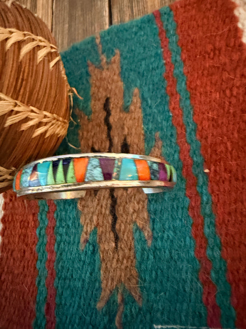 Handcrafted Old Pawn Sterling Silver & Multi Stone Inlay Cuff Bracelet