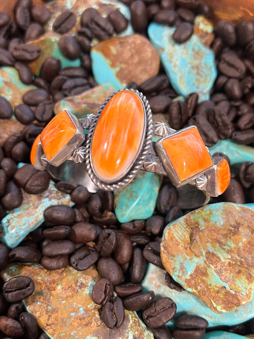 Apache Sterling Silver and Orange Spiny Oyster Shell Geometric Row Cuff by Rosella Paxson