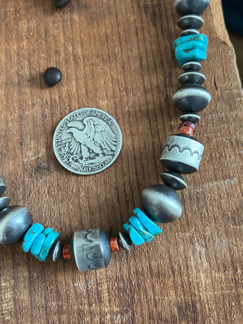 Navajo Sterling Silver, Kingman Turquoise and Spiny Oyster Shell Handcrafted Beaded Necklace by Rose Martin, 24 + 1-1/2 inches