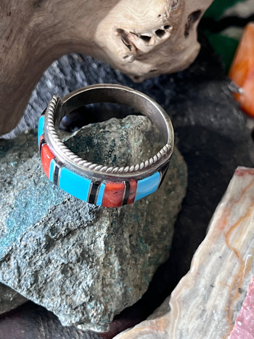Old Pawn Sterling Silver, Turquoise, Onyx and Coral Raised Channel Inlay Ring by Deidre L Panteah