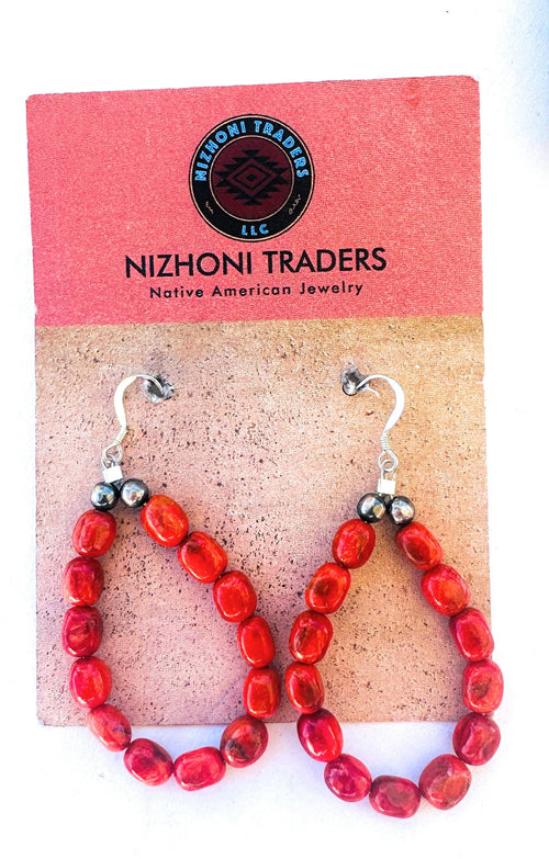 Navajo Sterling Silver Apple Coral Beaded Dangle Earrings