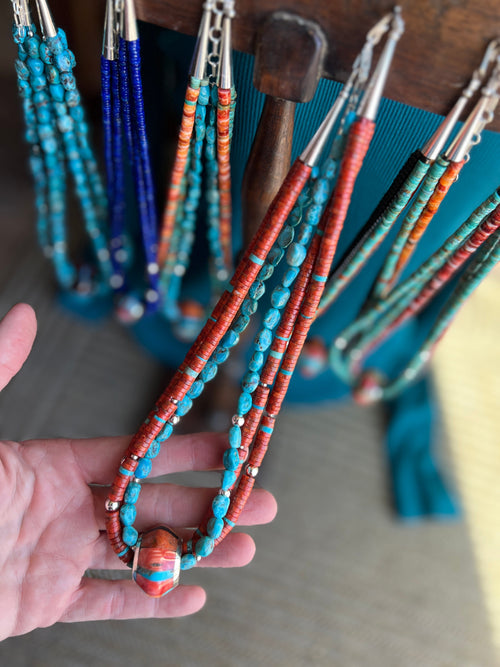 Daniel Coriz Triple Strand Apple Coral and Turquoise Beaded Necklace w/ Sterling Silver Removable Inlay Bead