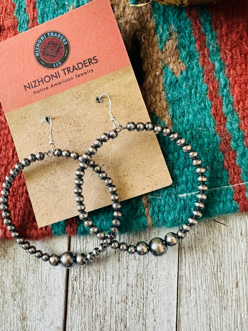 Navajo Sterling Silver Pearl Beaded Dangle Hoop Earrings