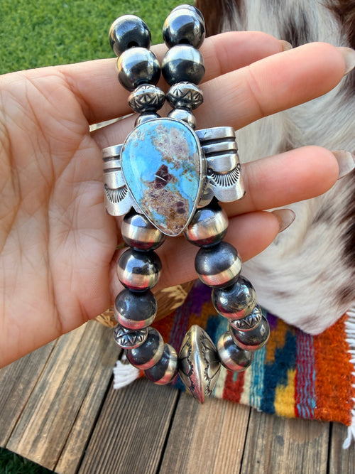 Handcrafted Turquoise & Sterling Silver Beaded Double Sided Jacla Necklace