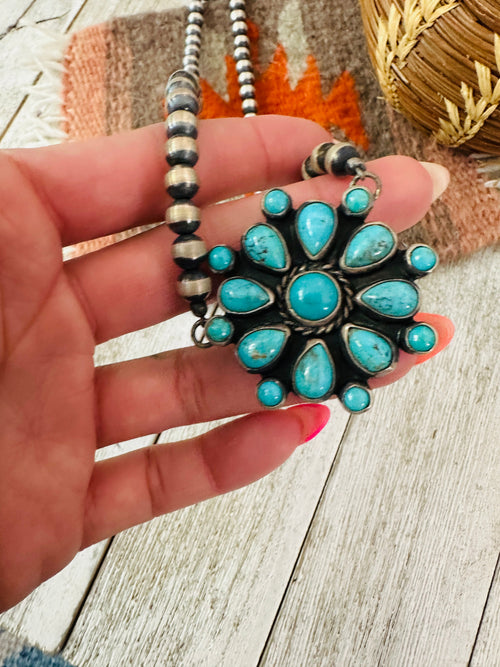 Navajo Sterling Silver & Turquoise Cluster Beaded Necklace
