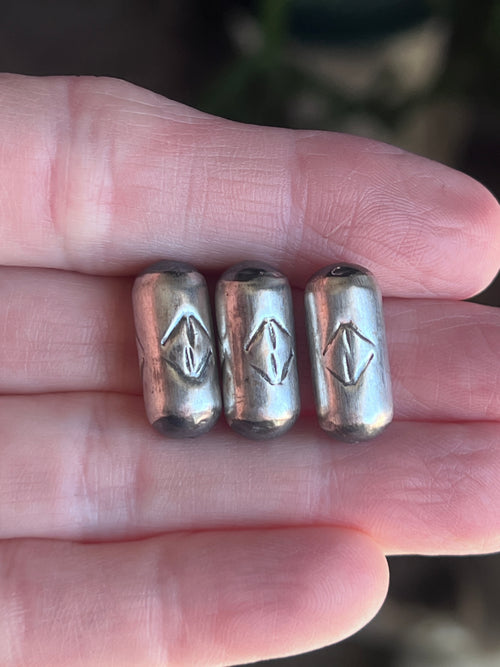 Handmade Stamped Sterling Silver Barrel Beads, Intersection