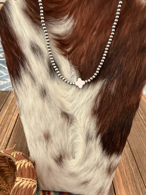 Handcrafted Queen Pink Conch and Sterling Silver Pearl Quatrefoil Beaded Necklace