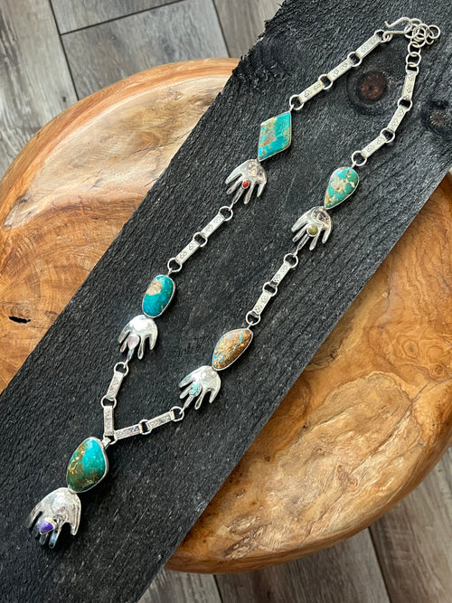 Jay Leon Coriz Handcrafted Sterling Silver and Royston Turquoise Healing Hand Station Necklace