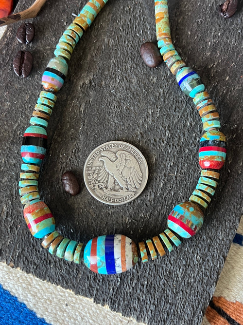 Ronald Chavez Handcrafted Turquoise Heishi Beaded Santo Domingo Necklace with Layered Bead Accents