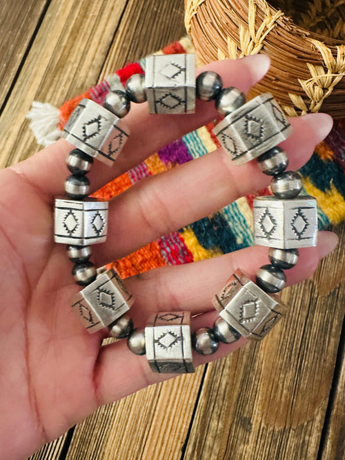 Handcrafted Hand Stamped Sterling Silver Pearl Beaded Stretch Bracelet