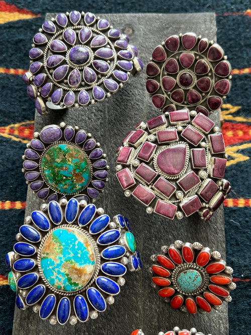 Navajo Sterling Silver, Sonoran Mountain Turquoise and Lapis Lazuli Cluster Cuff Bracelet by Tyler Brown