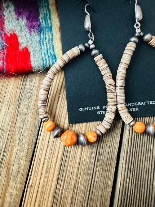 Handcrafted Heishi, Spiny Oyster & Sterling Silver Beaded Dangle Hoop Earrings