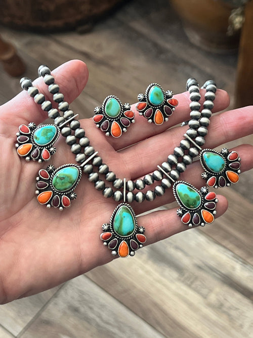 Navajo Made Sterling Silver Electric Rainbow Beaded Cluster Necklace & Earrings Set by Angela Martin