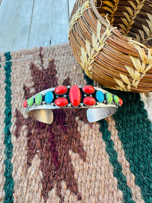 Handcrafted Old Pawn Sterling Silver & Multi Stone Cuff Bracelet by Daniel Mike