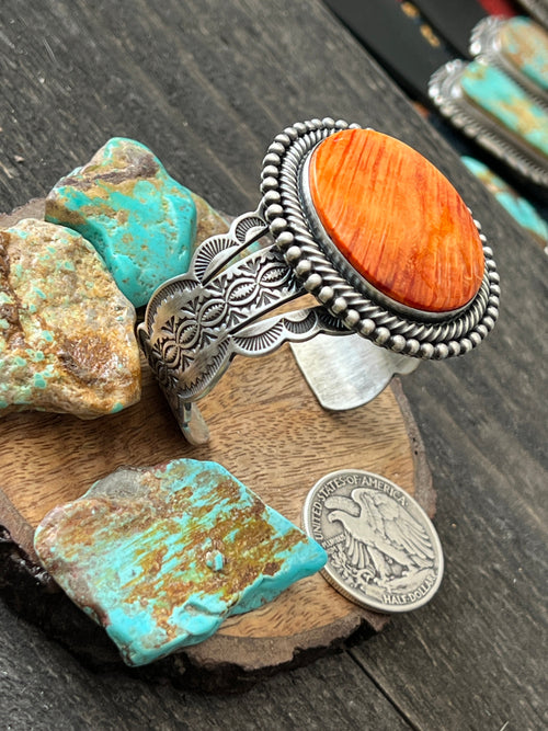 Navajo Hand Stamped Sterling Silver Split Cuff Bracelet with Spiny Oyster Shell by Murphy Platero