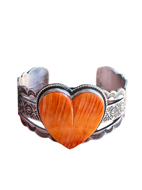 Navajo Sterling Silver and Orange Spiny Oyster Shell Heart Cuff Bracelet by Murphy Platero