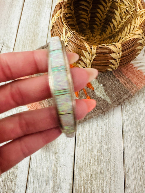 Old Pawn Navajo White Opal & Sterling Silver Inlay Cuff Bracelet