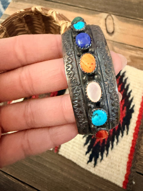 Handcrafted Old Pawn Sterling Silver & Multi Stone Cuff Bracelet by Wilbert Begay