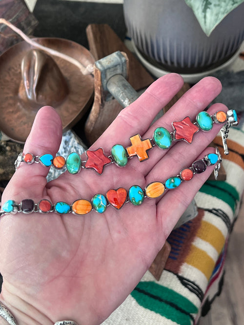 Loretta Delgarito Sterling Silver Electric Rainbow Link Turquoise and Spiny Oyster Heart Bracelet