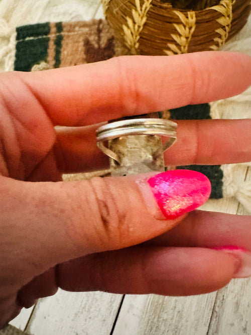 Old Pawn Turquoise, Coral and Sterling Silver Ring Size 8