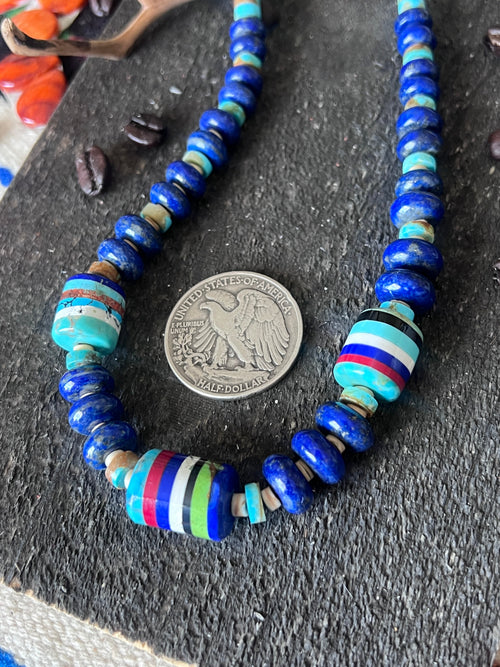 Ronald Chavez Handcrafted  Multistone Beaded Santo Domingo Necklace with Lapis Rondelles
