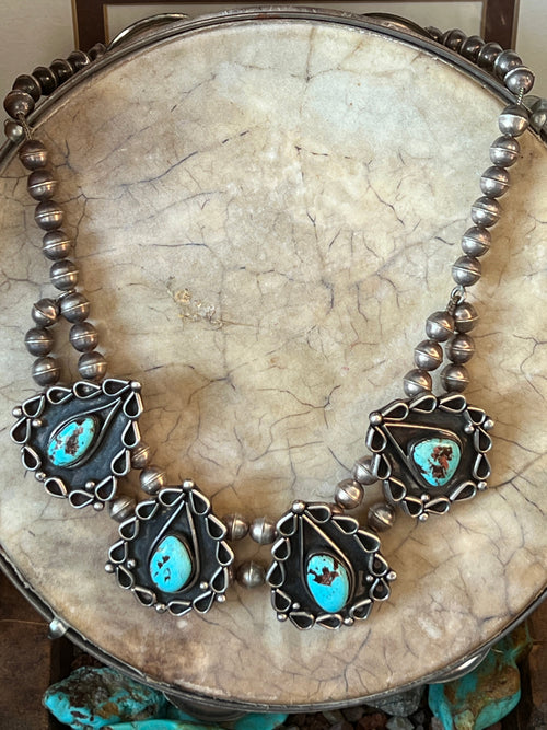 Vintage Navajo Sterling Silver and Turquoise Station Necklace