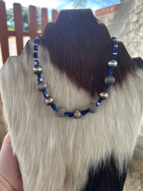 Handmade Sterling Silver & Lapis Beaded Necklace