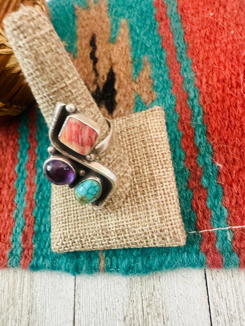 Old Pawn Navajo Sterling Silver, Turquoise, Spiny & Amethyst Adjustable Ring