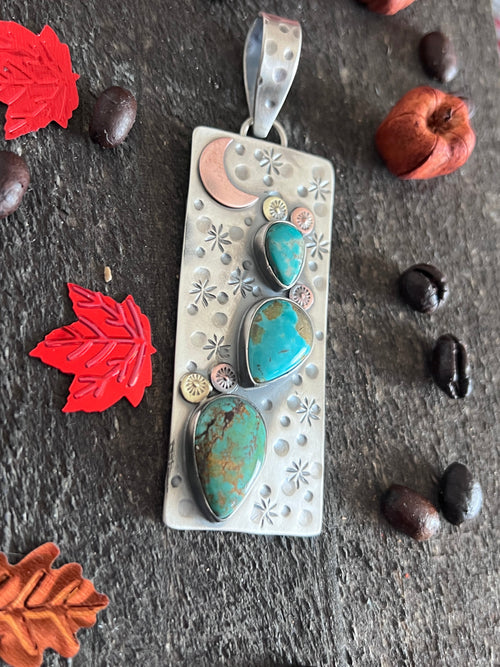 Kimari Somers Hand Stamped Sterling Silver, Copper, Brass & Kingman Turquoise Prickly Pear Cactus Moon Pendant