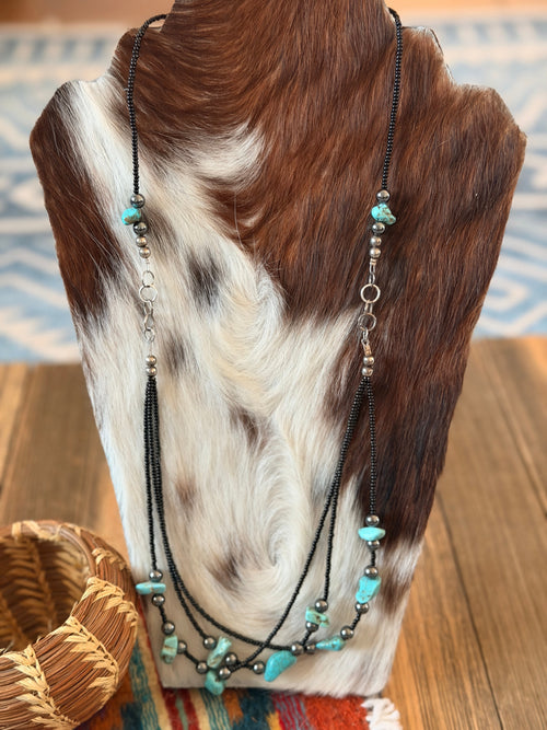 Old Pawn Handcrafted Turquoise, Hematite and Sterling Silver Beaded Necklace