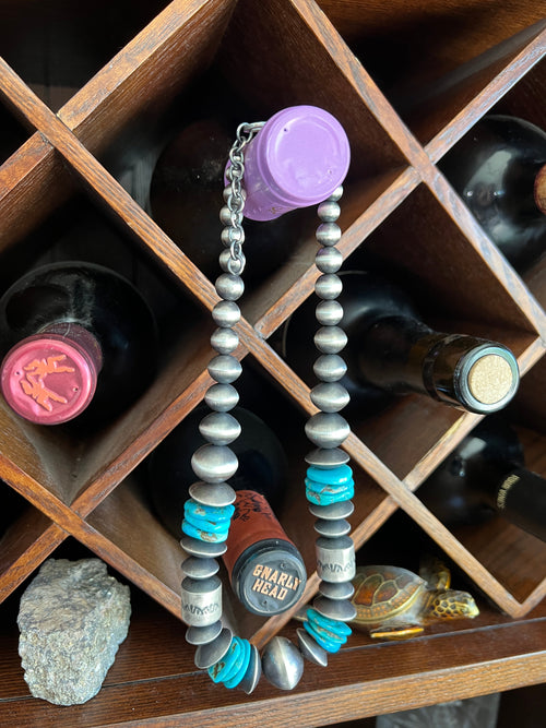 Navajo Sterling Silver and Kingman Turquoise Handmade Beaded Necklace by Rose Martin, 18 Inches