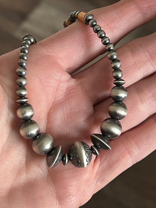 Summer Lovin’ Navajo Beaded Layering Necklace with Sterling Silver, Spiny Oyster Shell and Turquoise, 16” + 2”, The Flower Child