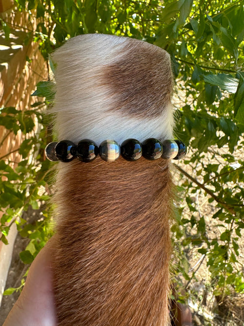 Navajo 10mm Sterling Silver Pearl & Black Onyx Beaded Bracele