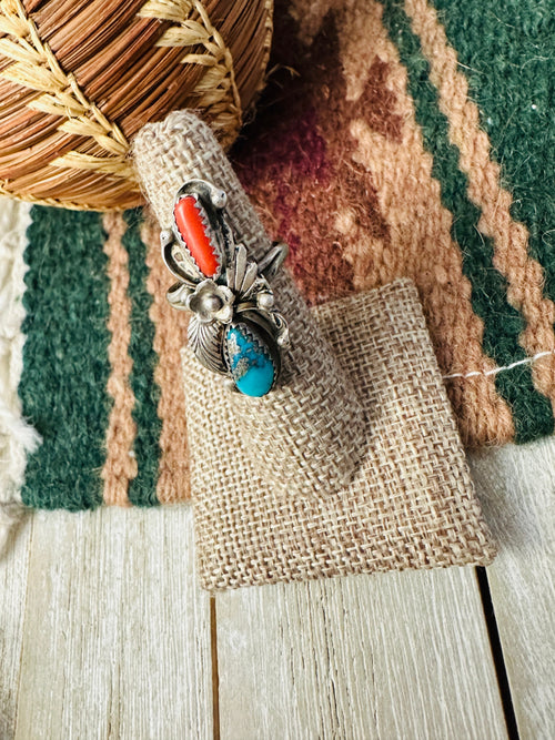 Old Pawn Handcrafted Turquoise, Coral & Sterling Silver Ring Size 6.5