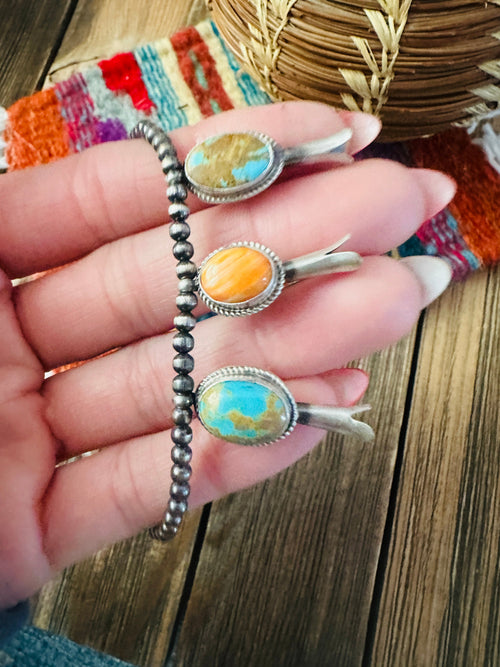 Handcrafted 3mm Sterling Silver Pearl, Turquoise & Spiny Oyster Blossom Stretch Bracelet