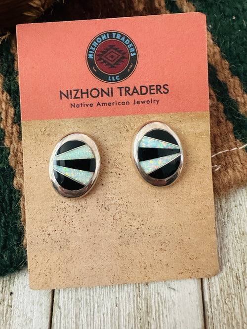 Old Pawn Navajo Sterling Silver, Onyx & Opal Inlay Post Earrings