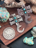 Hand Stamped Sterling Silver Dragonfly Cross Crescent Moon Dangle Earrings with Kingman Turquoise by Kimari Somers, Shaped Bars