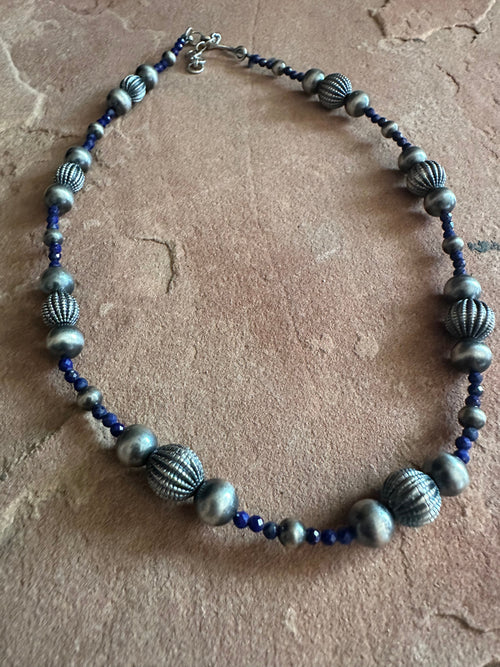 Handmade Sterling Silver & Lapis Beaded Necklace