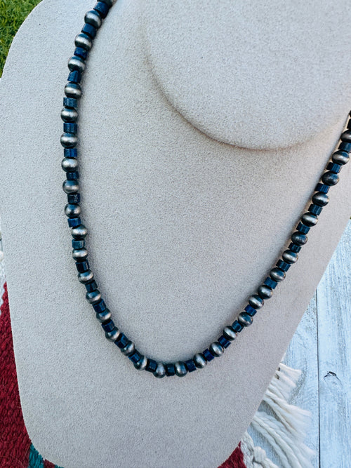 Sterling Silver Pearl & Lapis 18” Beaded Necklace