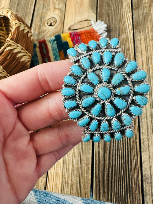 Handcrafted Old Pawn Sterling Silver & Turquoise Cluster Cuff Bracelet