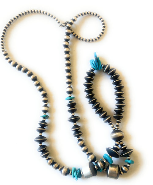 Navajo Turquoise & Sterling Silver Pearl Beaded Jacla Necklace