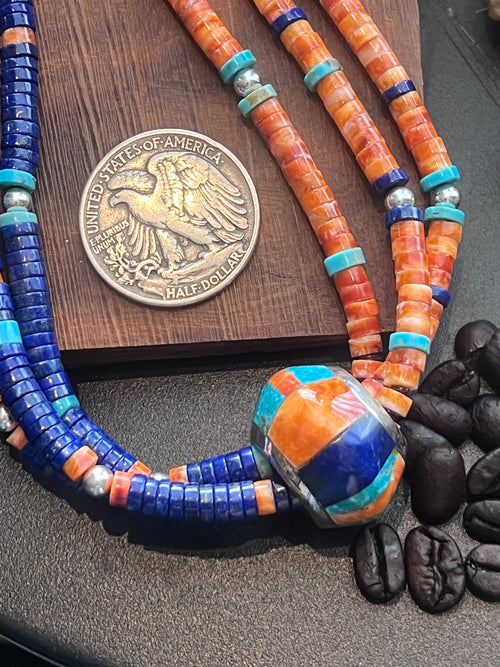 Daniel Coriz Triple Strand Lapis, Spiny Oyster and Turquoise Beaded Necklace w/ Removable Sterling Silver & Stone Inlay Bead
