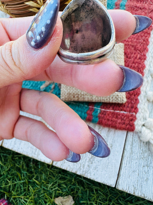 Old Pawn Handcrafted Turquoise, Coral & 14K Gold Overlay Sterling Silver Ring Size 10