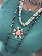 Navajo Sonoran Gold Turquoise, Sterling Silver and Pink Conch Cluster Pendant w/ Beaded Multistrand Necklace by Patrick Yazzie