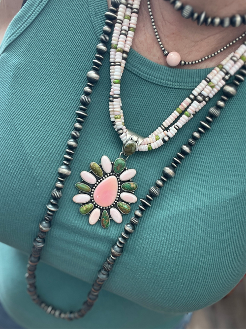 Navajo Sonoran Gold Turquoise, Sterling Silver and Pink Conch Cluster Pendant w/ Beaded Multistrand Necklace by Patrick Yazzie